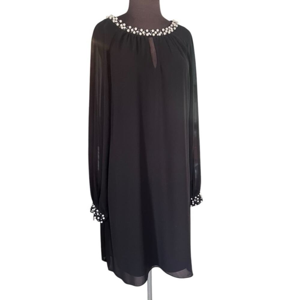 SLNY Pearl Trim Sheer Sleeve Shift Dress 18 Flowy Ladylike Feminine Whimsy